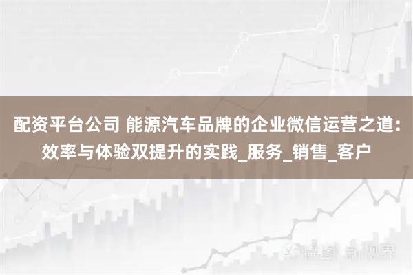 配资平台公司 能源汽车品牌的企业微信运营之道：效率与体验双提升的实践_服务_销售_客户